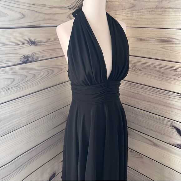 Chicas Vintage Y2K 90s Black Halter V Neck Flowy Dress - Picture 2 of 11